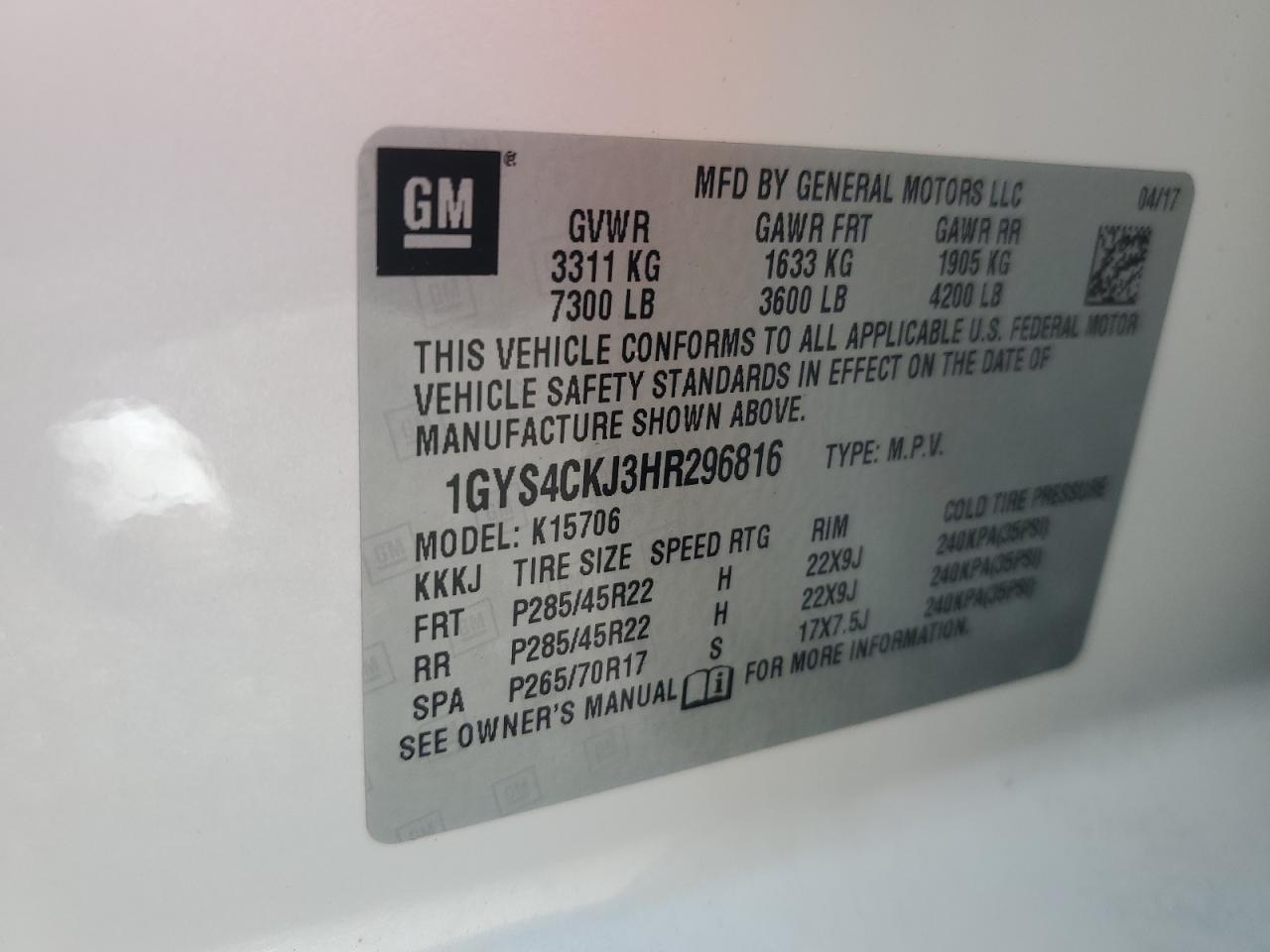 2017 Cadillac Escalade Premium Luxury VIN: 1GYS4CKJ3HR296816 Lot: 91823865