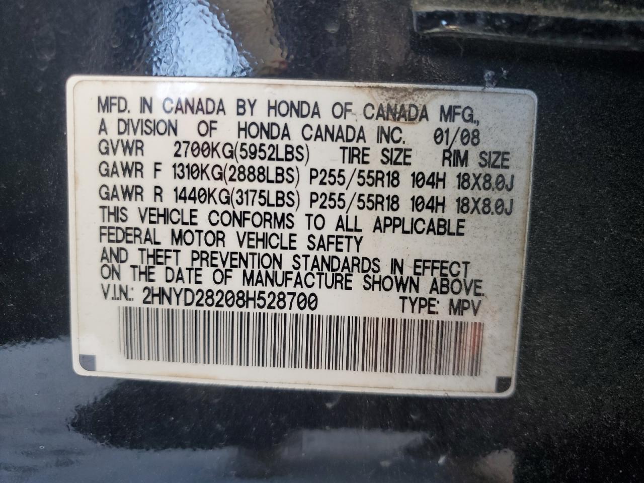 2008 Acura Mdx VIN: 2HNYD28208H528700 Lot: 92854535