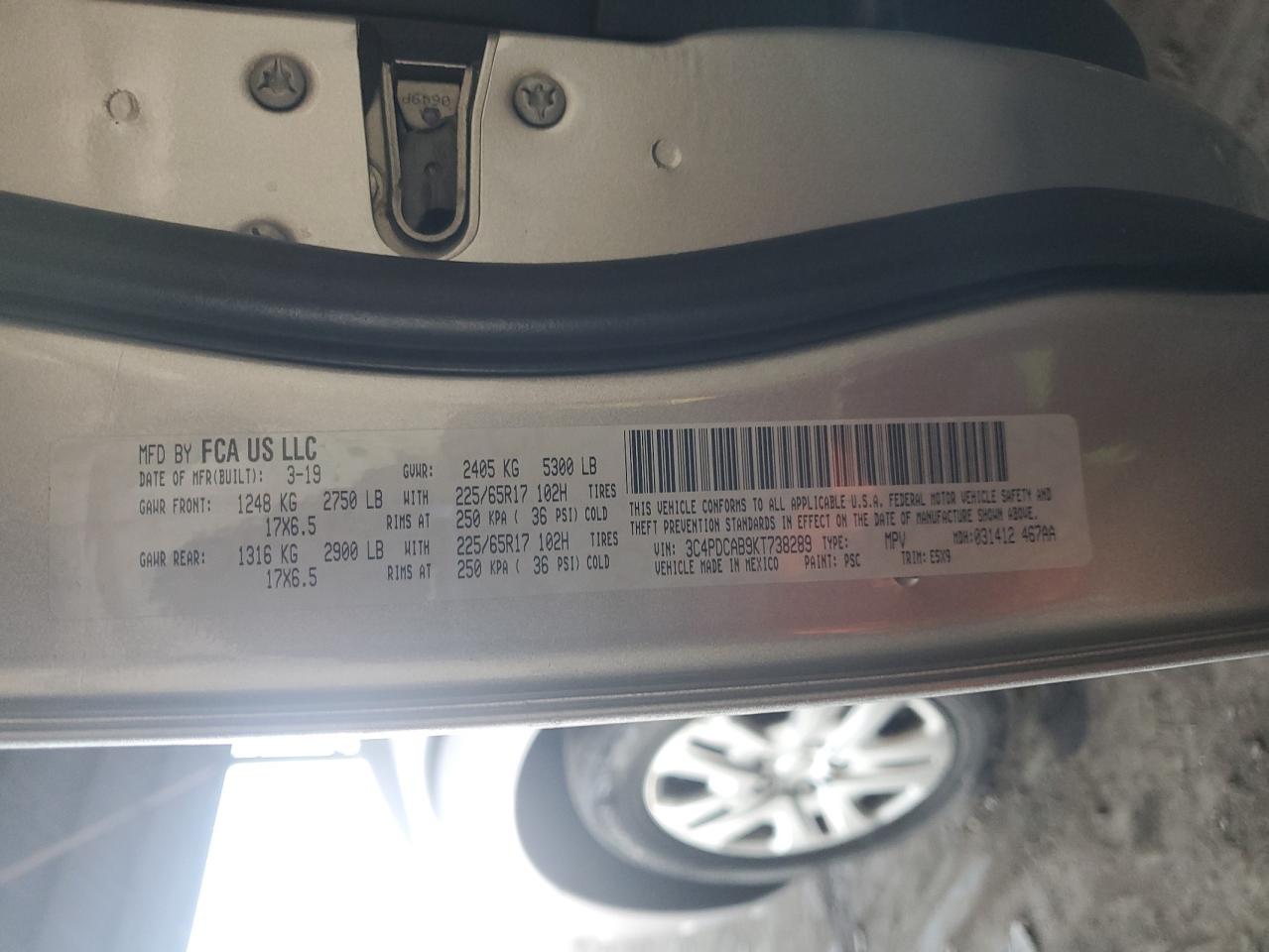 2019 Dodge Journey Se VIN: 3C4PDCAB9KT738289 Lot: 90944365