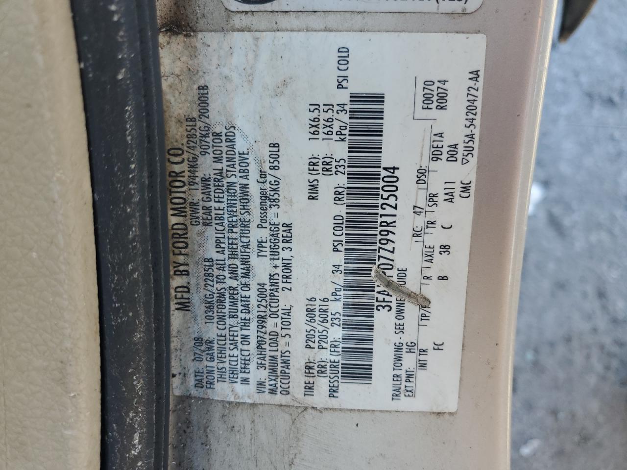 2009 Ford Fusion Se VIN: 3FAHP07Z99R125004 Lot: 90810085