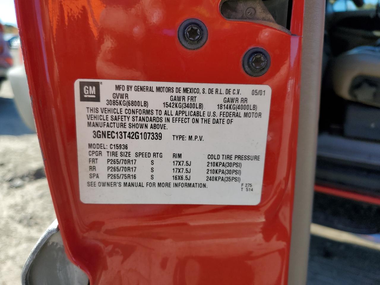 2002 Chevrolet Avalanche C1500 VIN: 3GNEC13T42G107339 Lot: 92281235