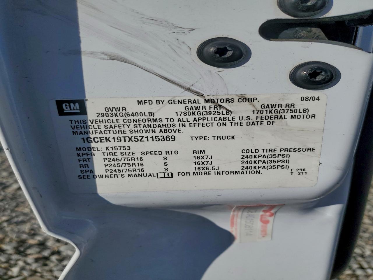 2005 Chevrolet Silverado K1500 VIN: 1GCEK19TX5Z115369 Lot: 94351735