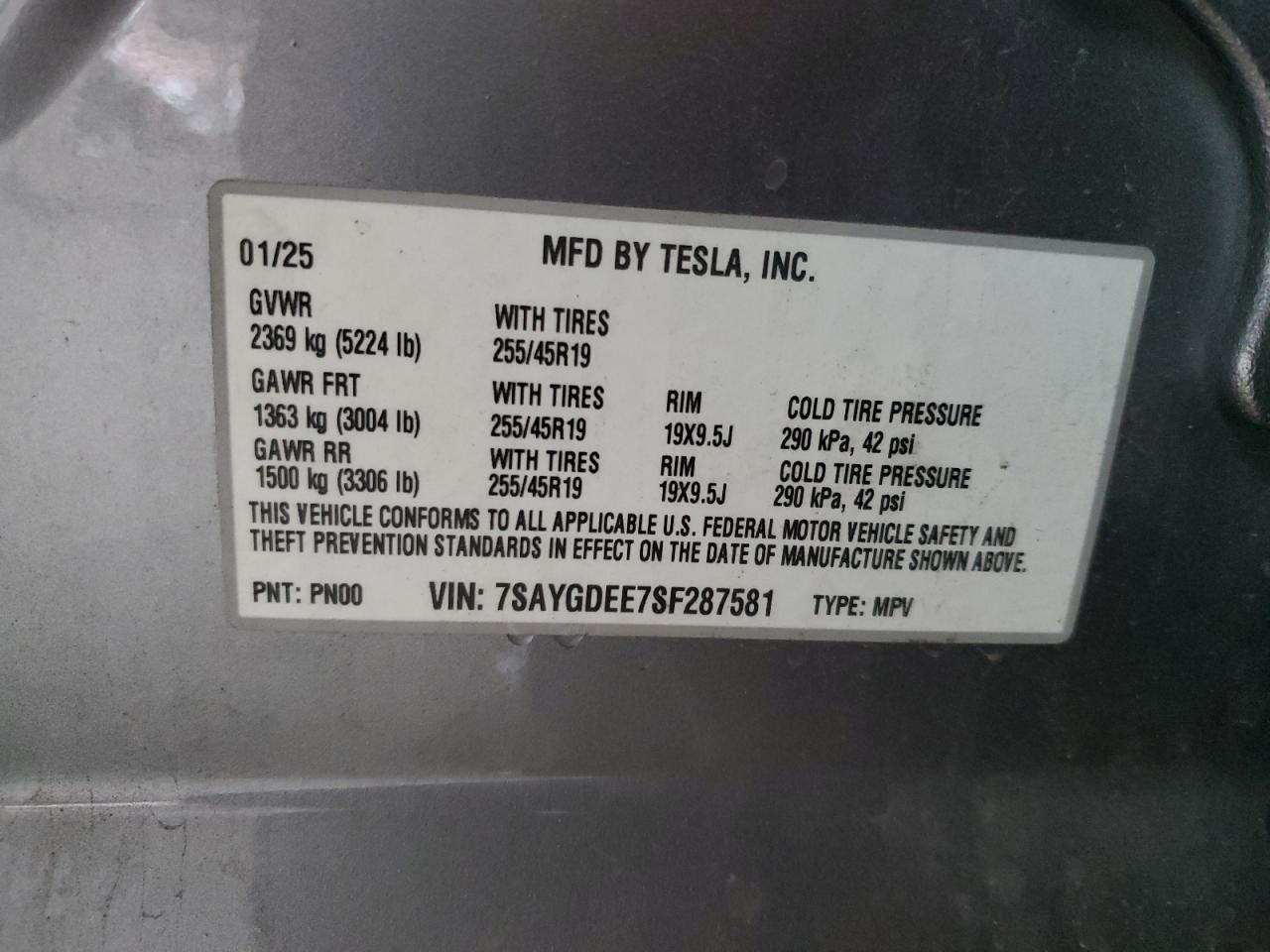 2025 Tesla Model Y VIN: 7SAYGDEE7SF287581 Lot: 91936705