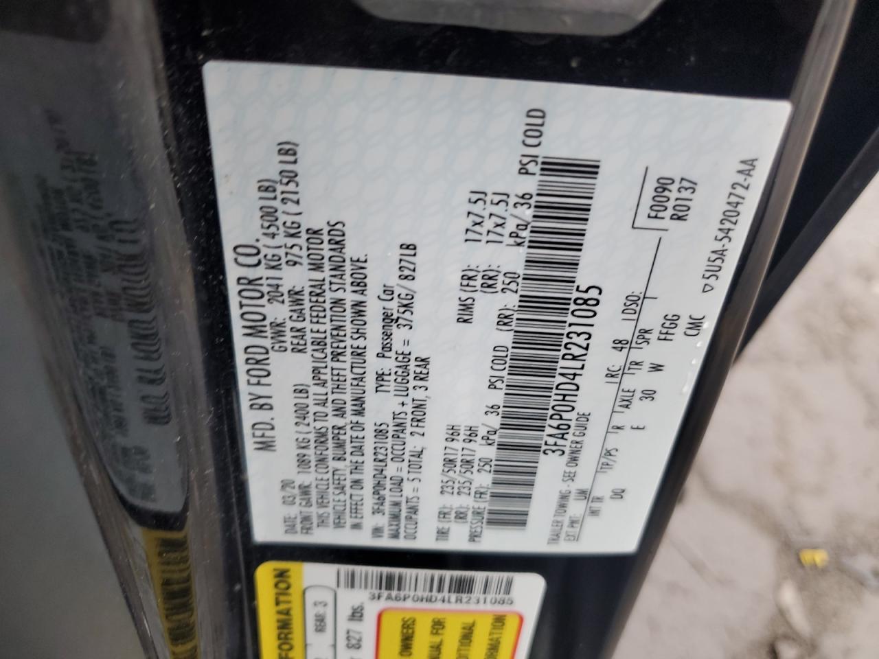 2020 Ford Fusion Se VIN: 3FA6P0HD4LR231085 Lot: 93055385