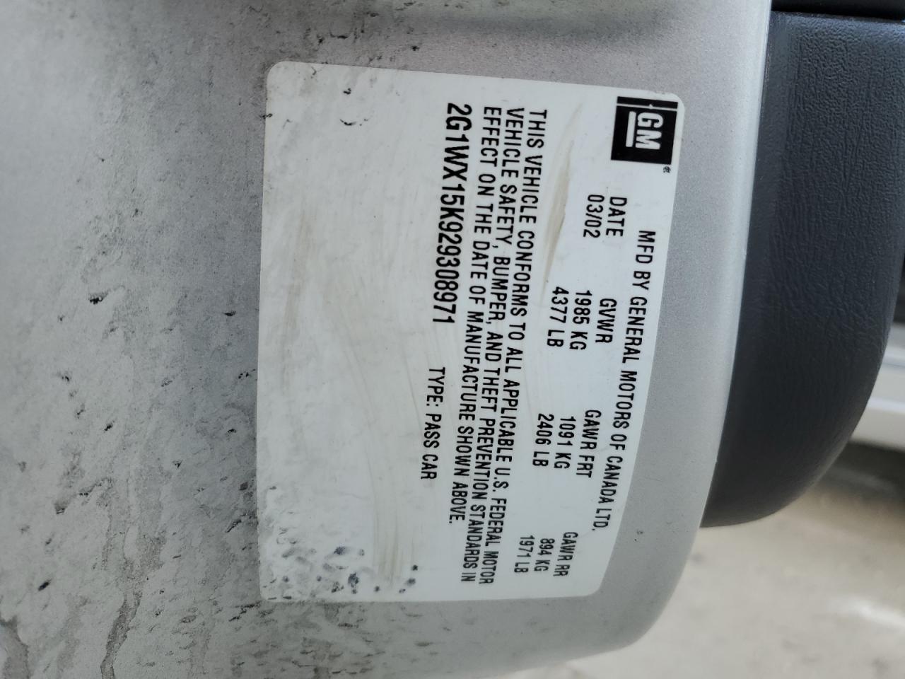 2002 Chevrolet Monte Carlo Ss VIN: 2G1WX15K929308971 Lot: 92622575