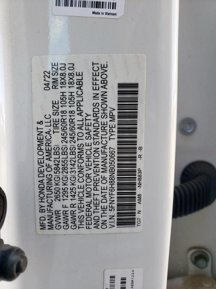 2022 Honda Pilot Trailsport VIN: 5FNYF6H88NB050667 Lot: 92349535