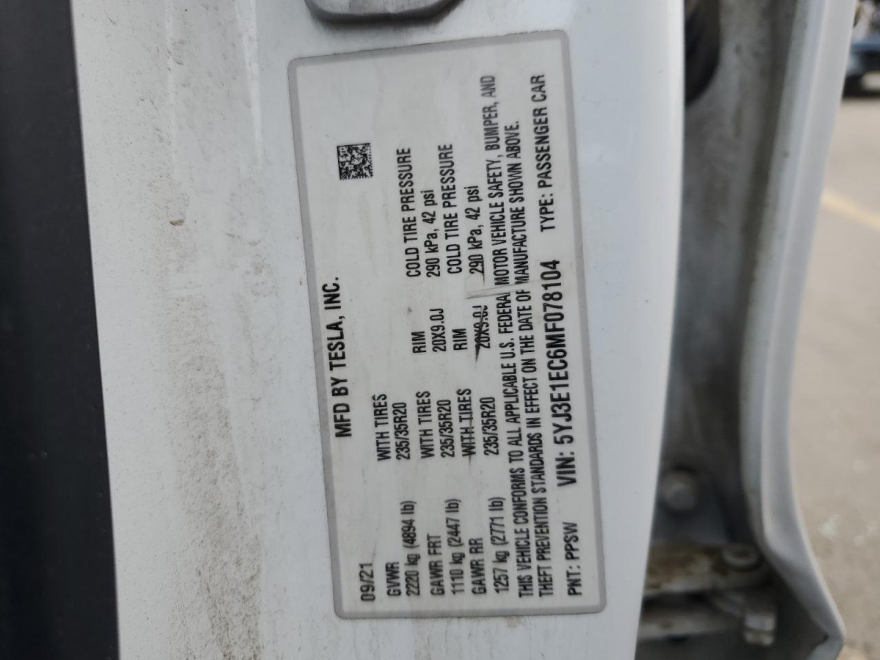 2021 Tesla Model 3 VIN: 5YJ3E1EC6MF078104 Lot: 93289185