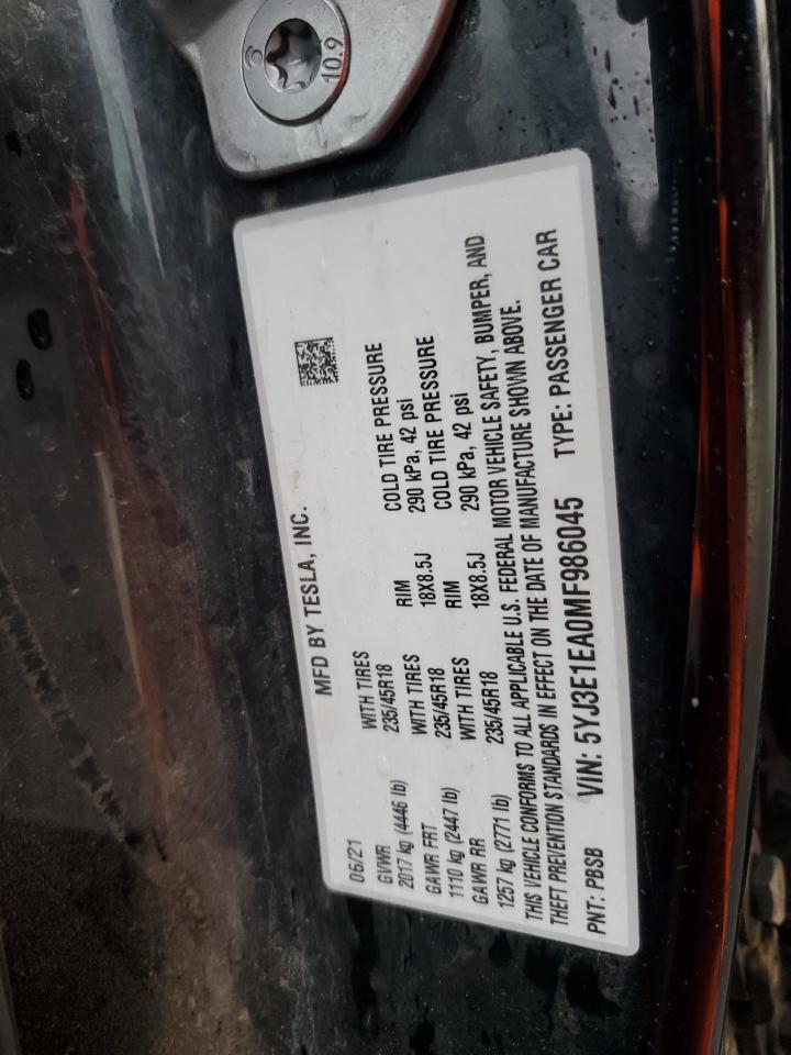 2021 Tesla Model 3 VIN: 5YJ3E1EA0MF986045 Lot: 92935625