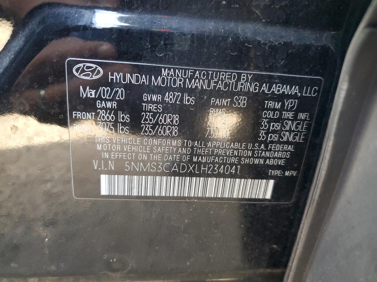 2020 Hyundai Santa Fe Sel VIN: 5NMS3CADXLH234041 Lot: 92578395