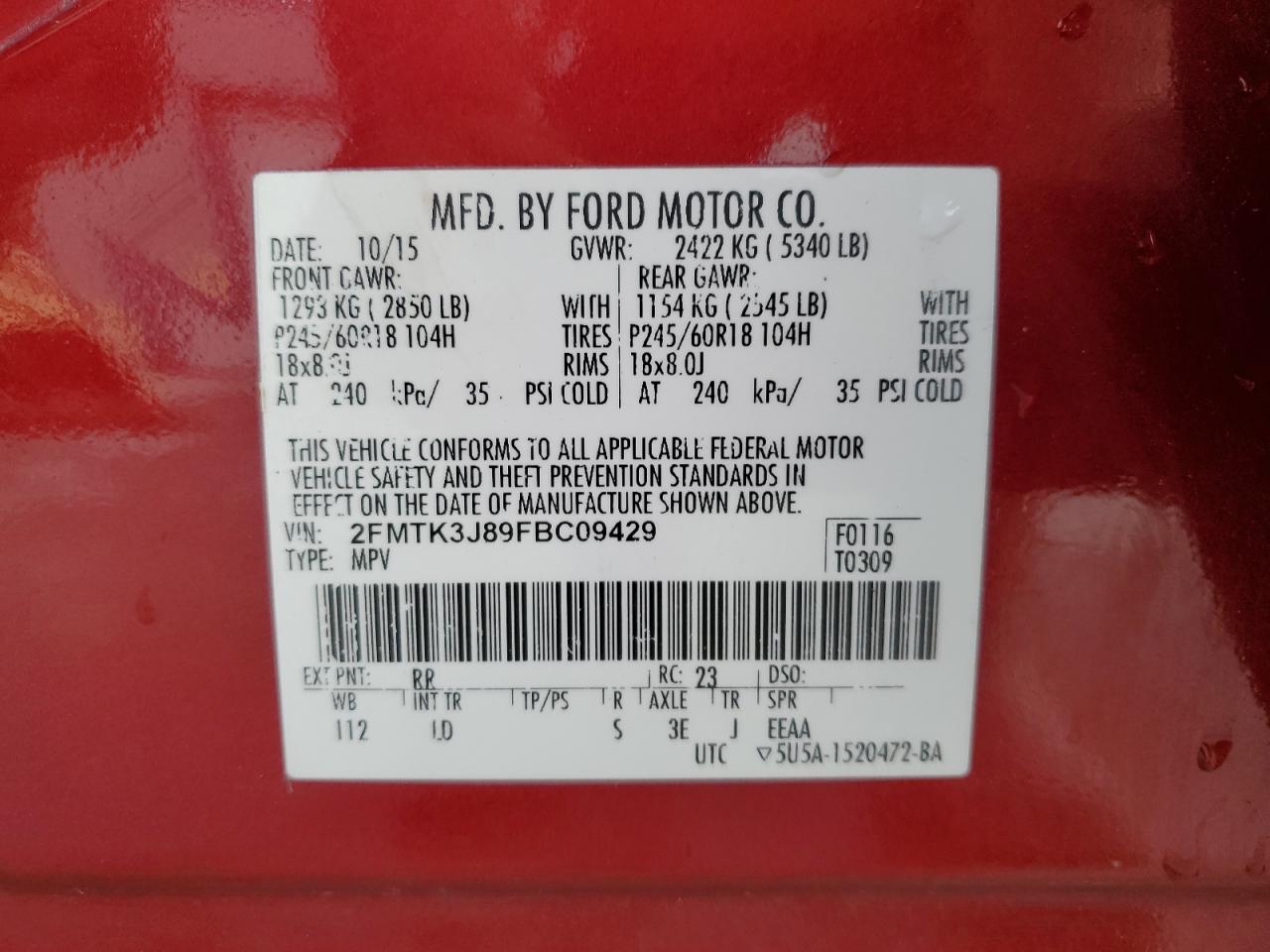 2015 Ford Edge Sel VIN: 2FMTK3J89FBC09429 Lot: 93321855