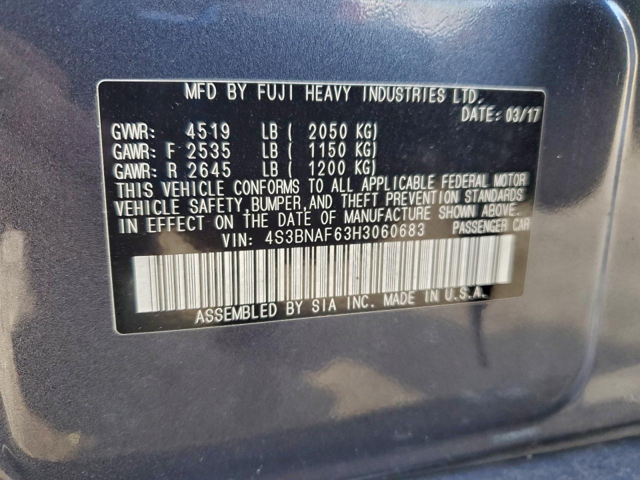 2017 Subaru Legacy 2.5I Premium VIN: 4S3BNAF63H3060683 Lot: 94327775