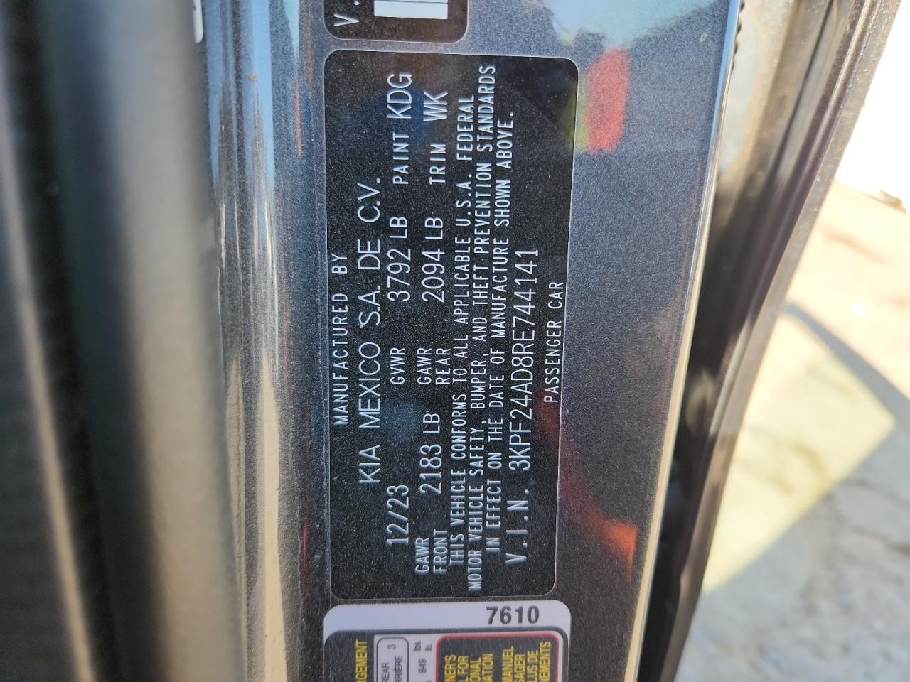 2024 Kia Forte Lx VIN: 3KPF24AD8RE744141 Lot: 92090185