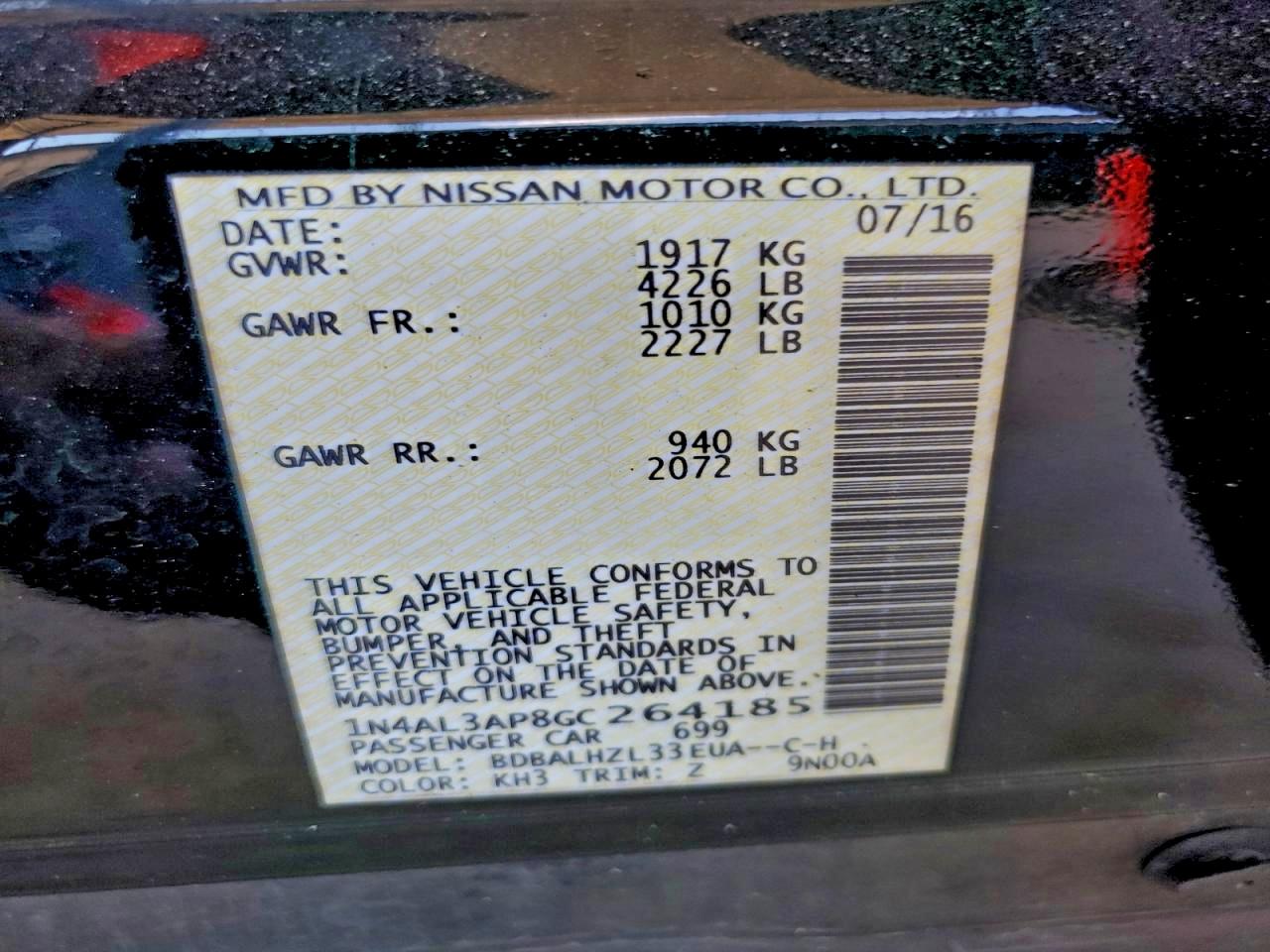 2016 Nissan Altima 2.5 VIN: 1N4AL3AP8GC264185 Lot: 93346525