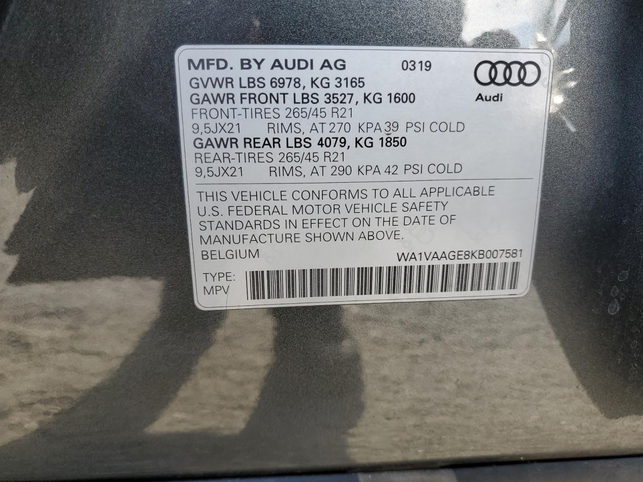 2019 Audi E-Tron Prestige VIN: WA1VAAGE8KB007581 Lot: 92131045