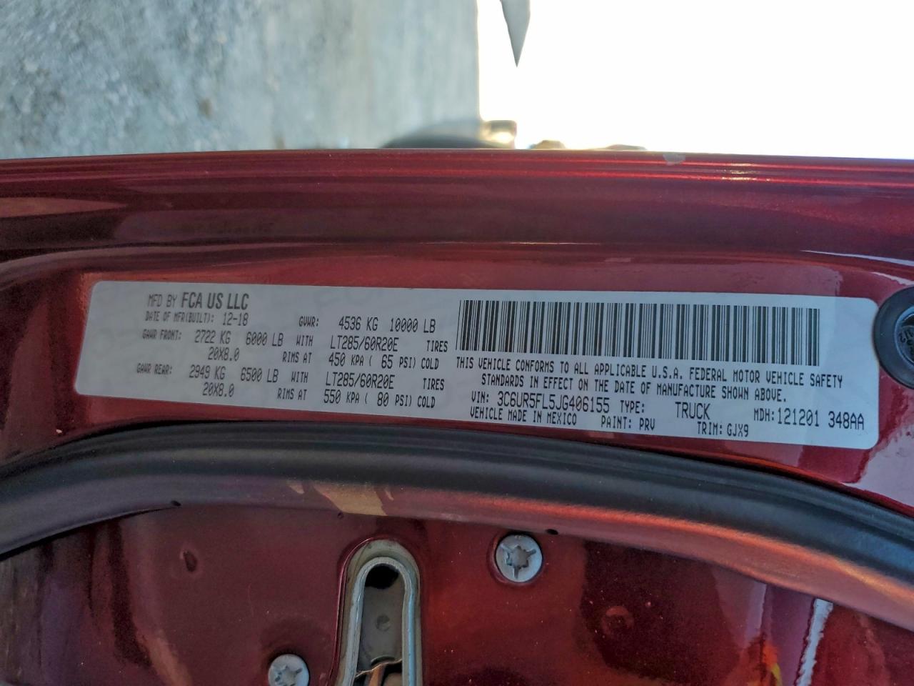 2018 Ram 2500 Laramie VIN: 3C6UR5FL5JG406155 Lot: 94800835