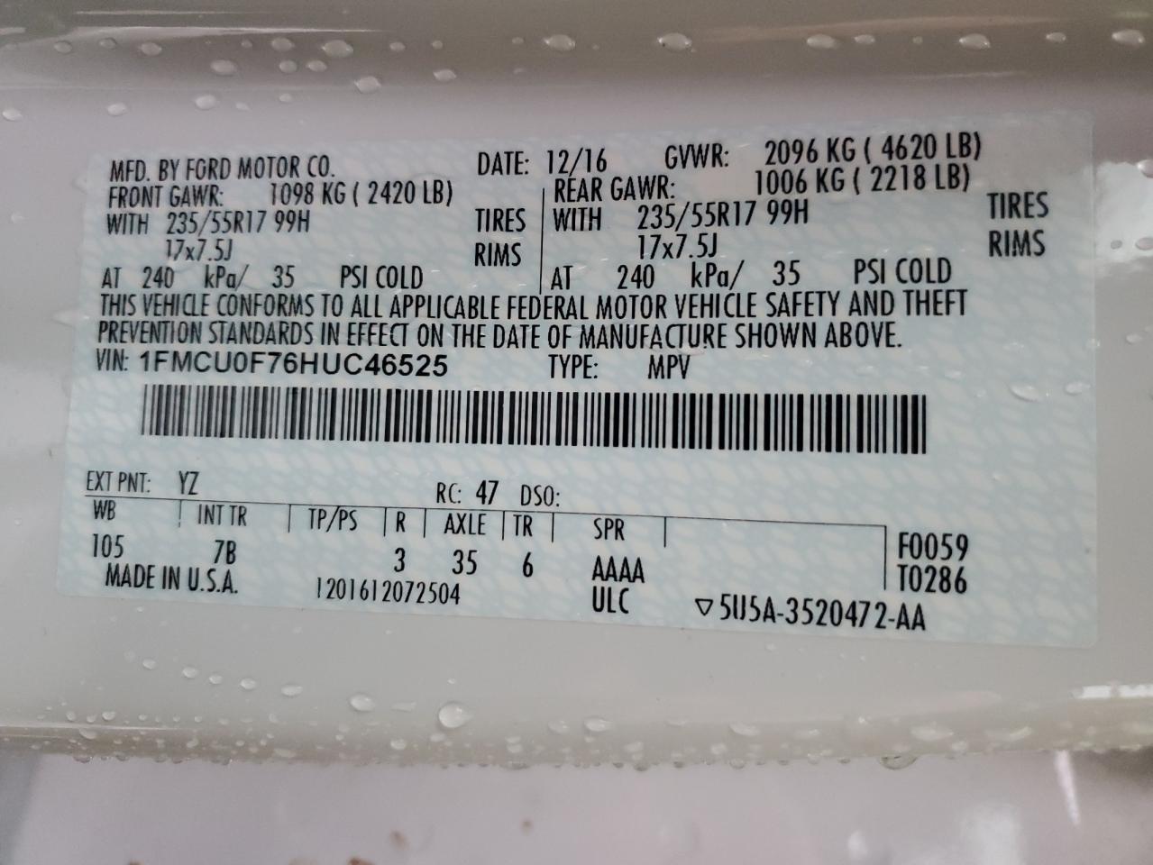 2017 Ford Escape S VIN: 1FMCU0F76HUC46525 Lot: 92855815