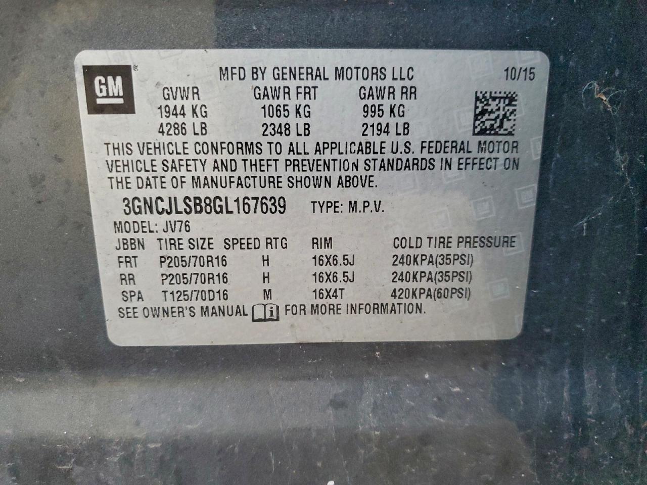 2016 Chevrolet Trax 1Lt VIN: 3GNCJLSB8GL167639 Lot: 93863935