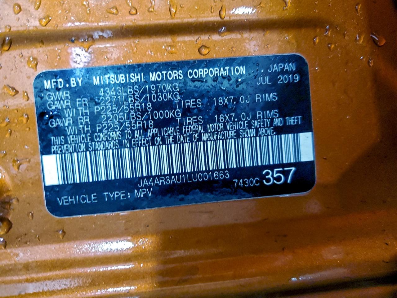 2020 Mitsubishi Outlander Sport Es VIN: JA4AR3AU1LU001663 Lot: 94239145