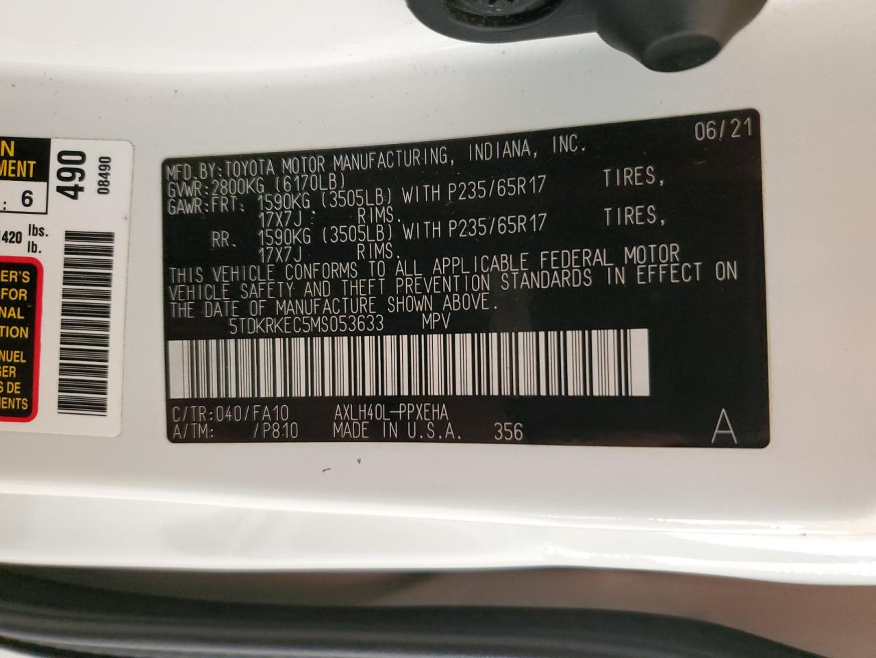 2021 Toyota Sienna Le VIN: 5TDKRKEC5MS053633 Lot: 93055705