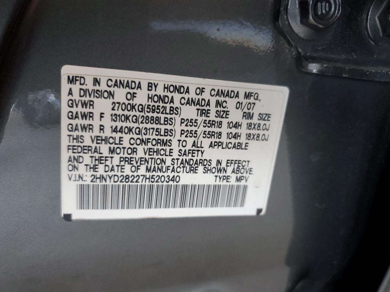 2007 Acura Mdx VIN: 2HNYD28227H520340 Lot: 93134045