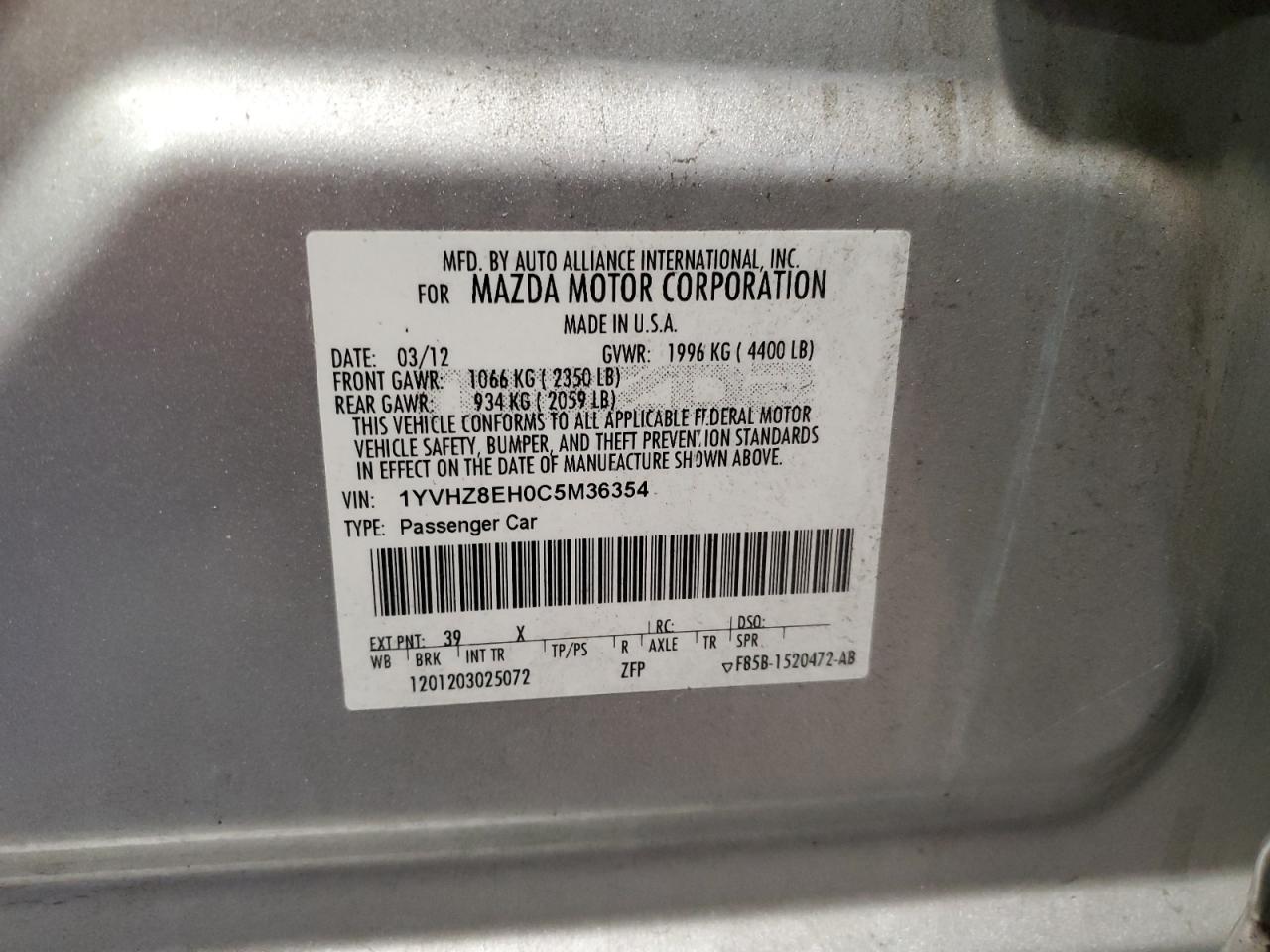 2012 Mazda 6 I VIN: 1YVHZ8EH0C5M36354 Lot: 92169295