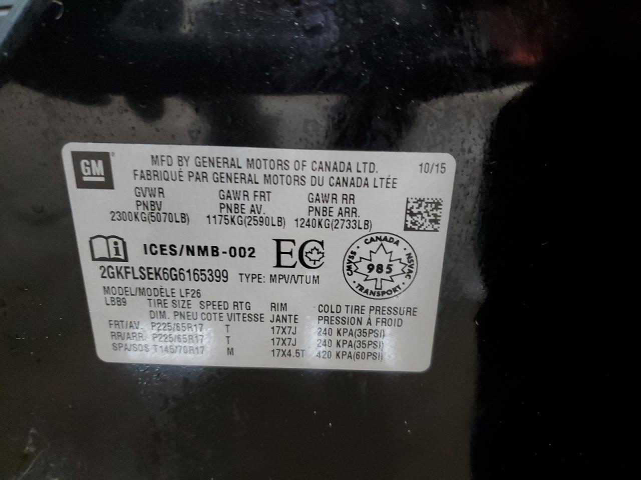 2016 GMC Terrain Sle VIN: 2GKFLSEK6G6165399 Lot: 91253555