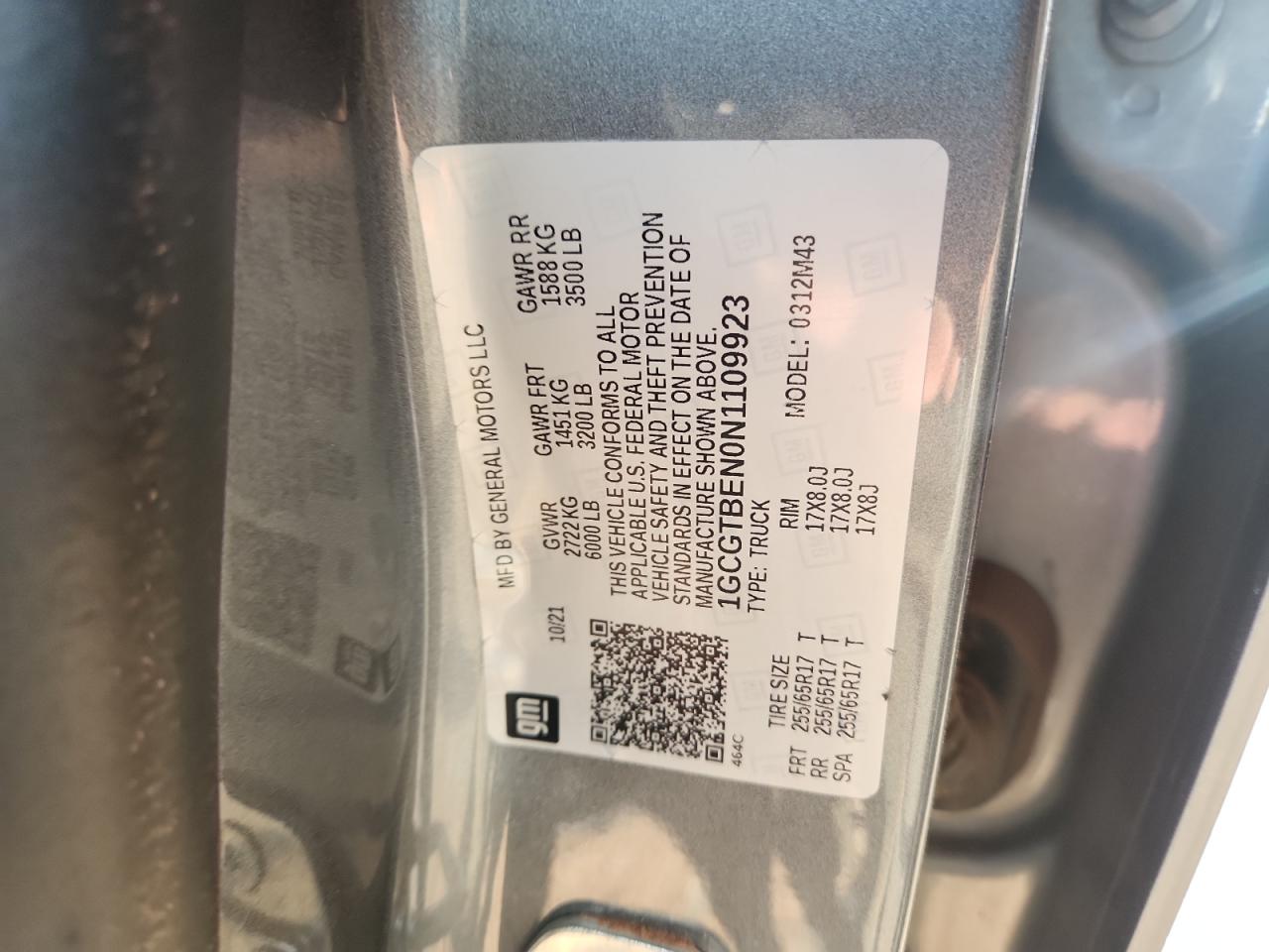 2022 Chevrolet Colorado VIN: 1GCGTBEN0N1109923 Lot: 85420285