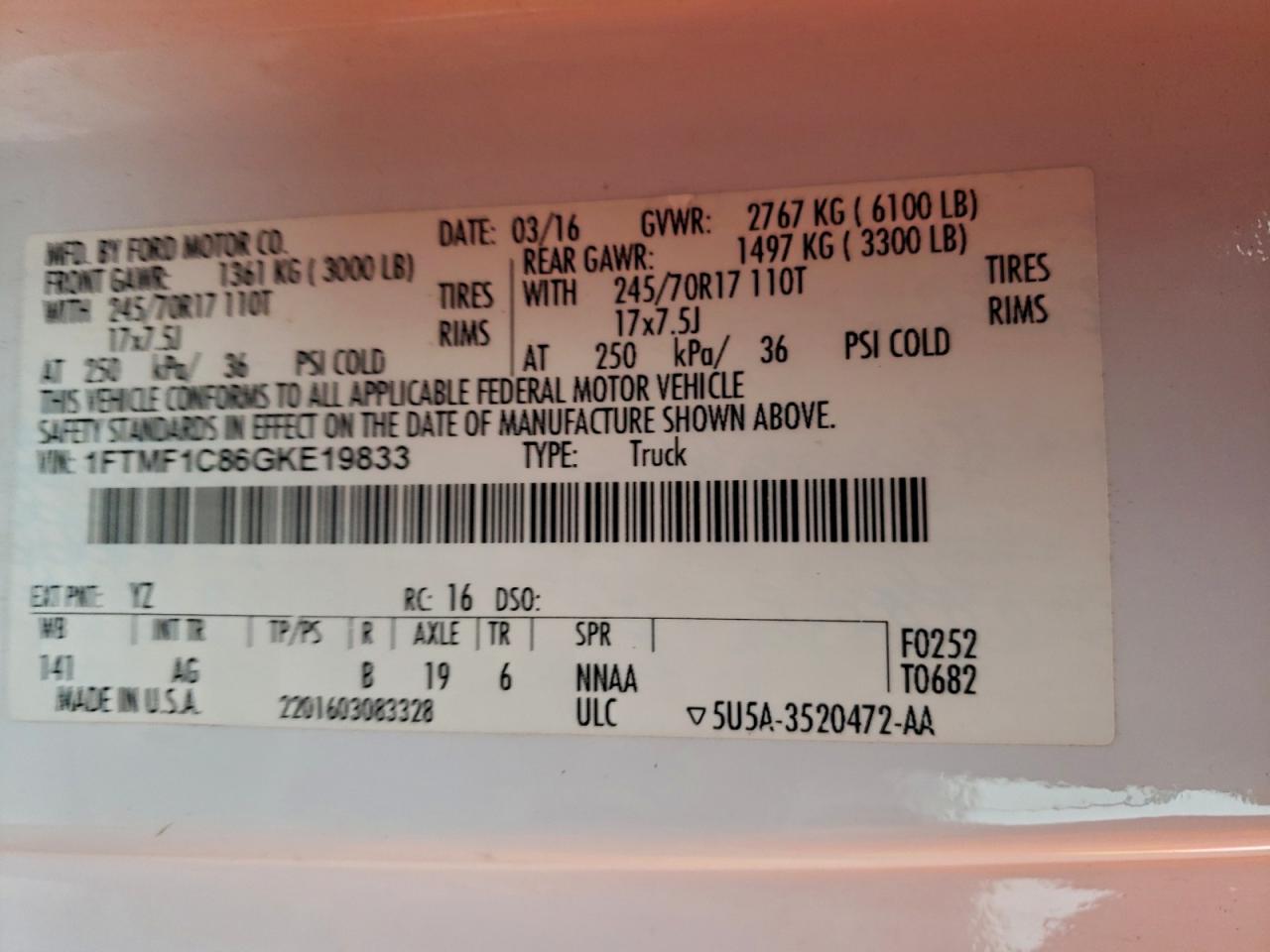 2016 Ford F150 VIN: 1FTMF1C86GKE19833 Lot: 94038785