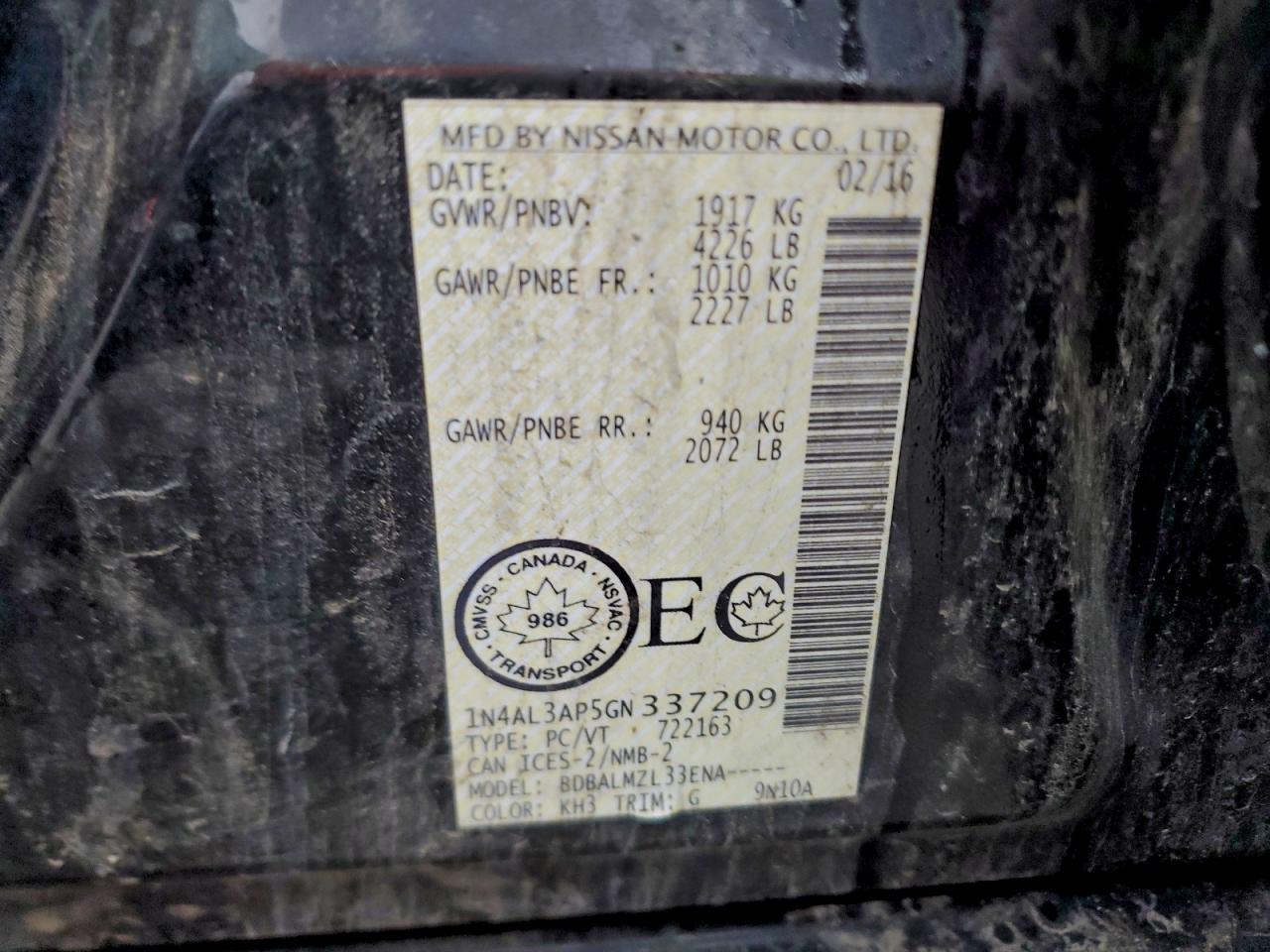 2016 Nissan Altima 2.5 VIN: 1N4AL3AP5GN337209 Lot: 94040145