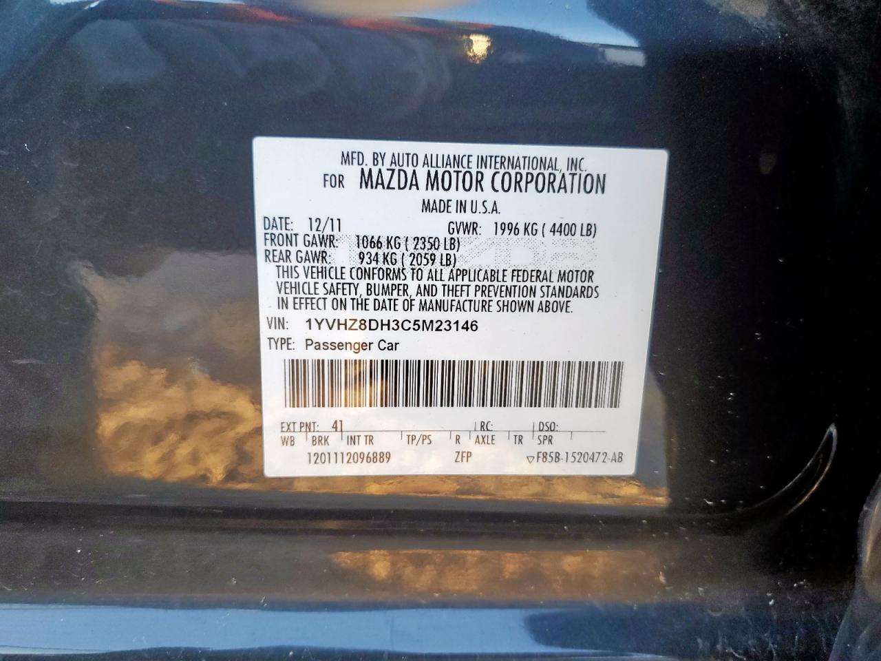 2012 Mazda 6 I VIN: 1YVHZ8DH3C5M23146 Lot: 91455395