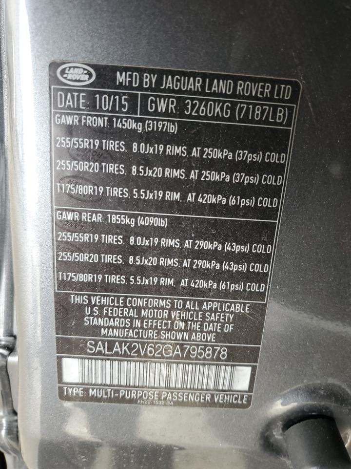 2016 Land Rover Lr4 Hse Luxury VIN: SALAK2V62GA795878 Lot: 92014955