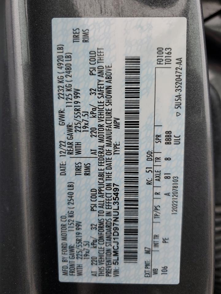 2022 Lincoln Corsair VIN: 5LMCJ1D97NUL35497 Lot: 92504575