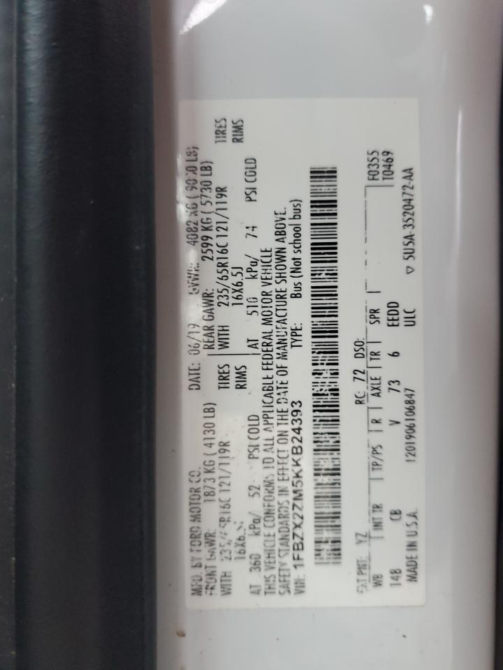 2019 Ford Transit T-350 VIN: 1FBZX2ZM5KKB24393 Lot: 91805235