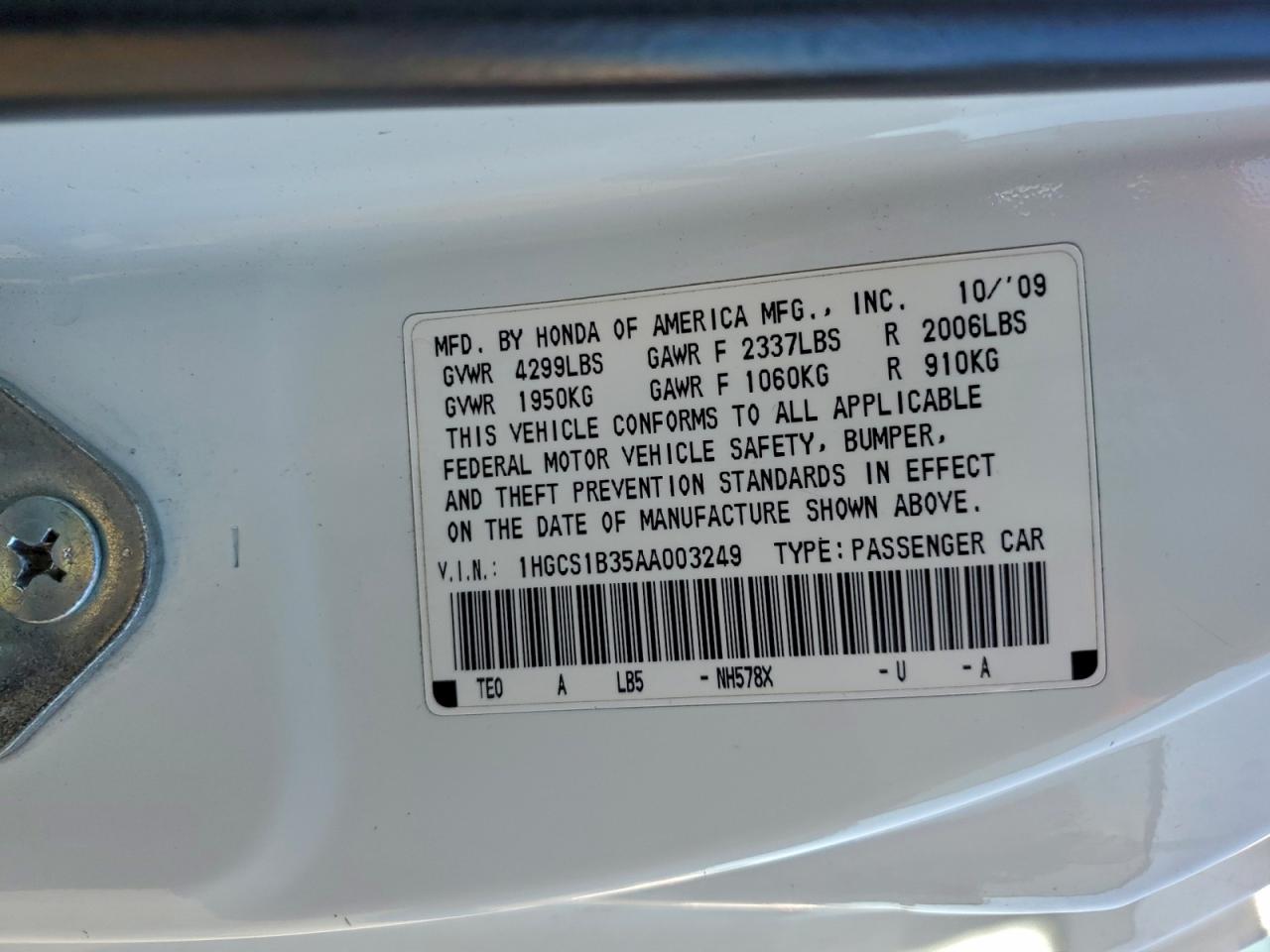 2010 Honda Accord Lx VIN: 1HGCS1B35AA003249 Lot: 94530275