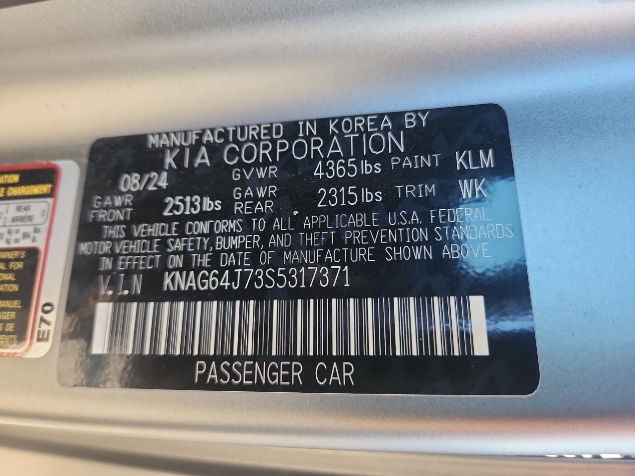 2025 Kia K5 Gt Line VIN: KNAG64J73S5317371 Lot: 92298495