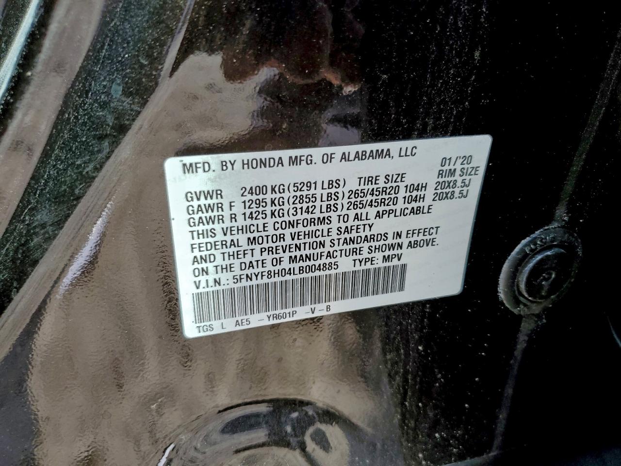 2020 Honda Passport Elite VIN: 5FNYF8H04LB004885 Lot: 94112135
