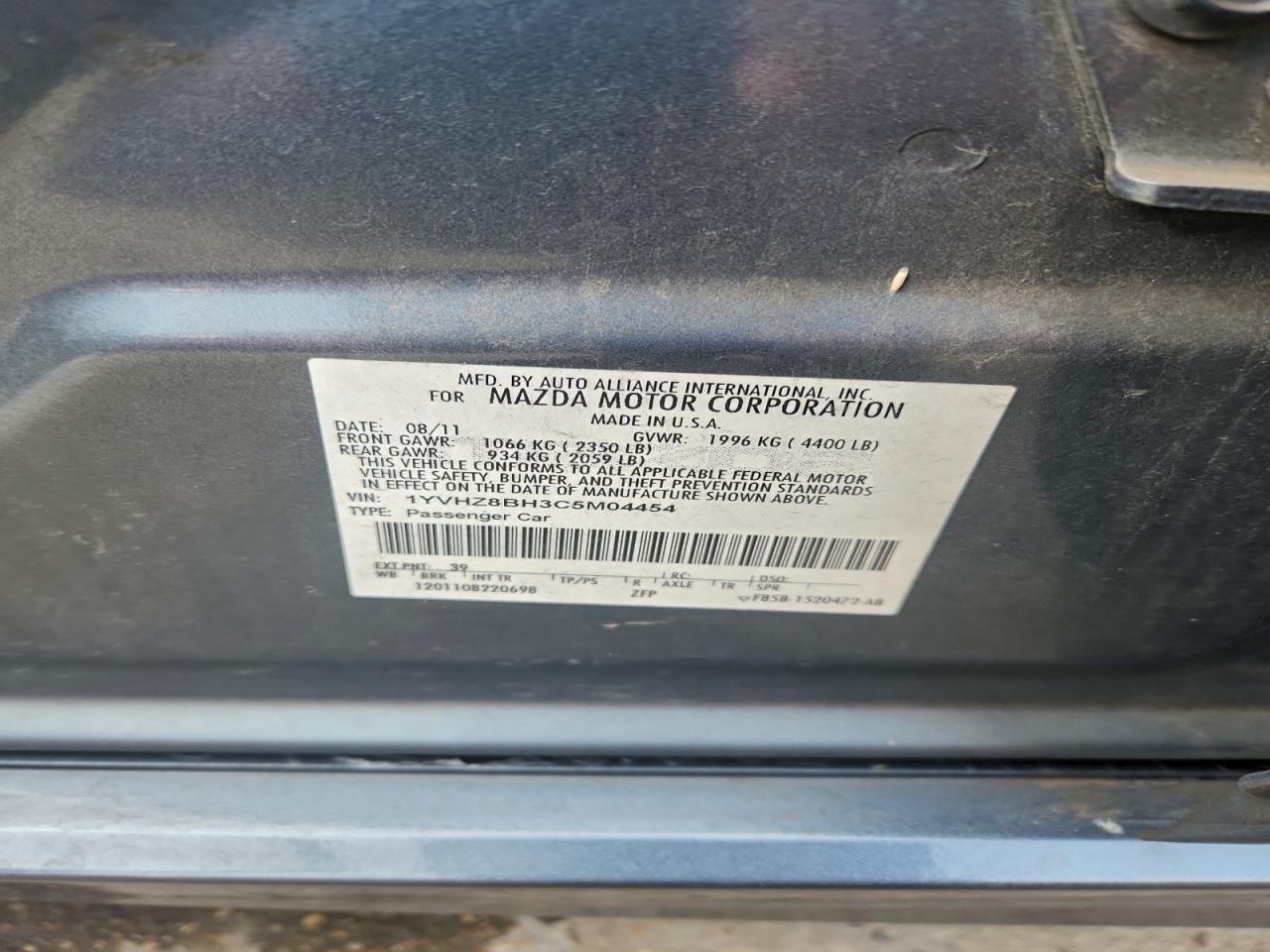 2012 Mazda 6 I VIN: 1YVHZ8BH3C5M04454 Lot: 94639865