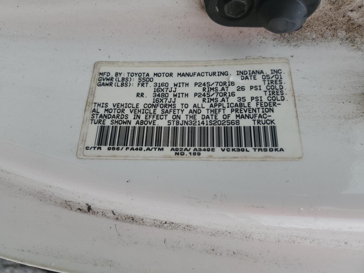 2001 Toyota Tundra VIN: 5TBJN32141S202568 Lot: 93445625