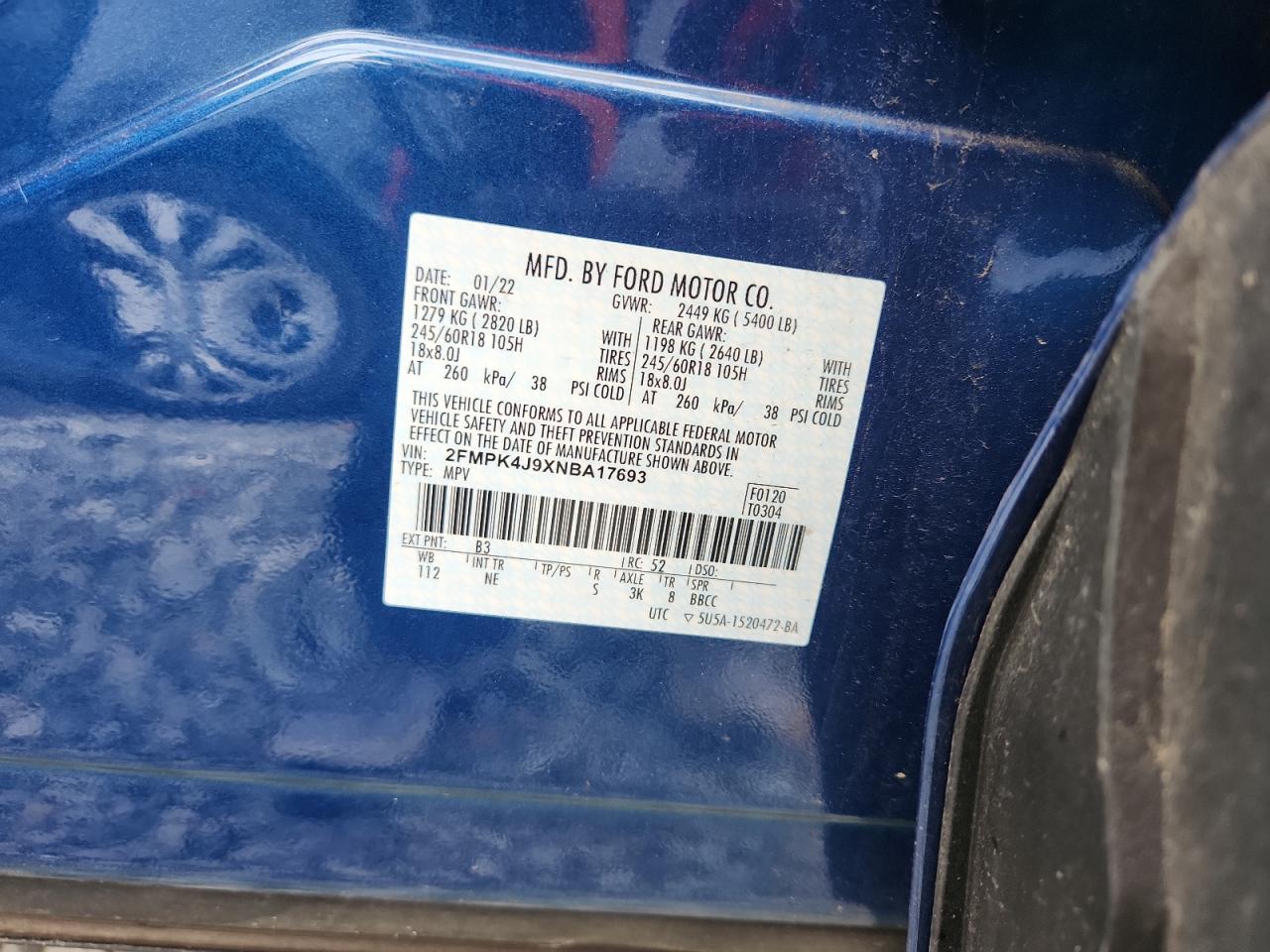 2022 Ford Edge Sel VIN: 2FMPK4J9XNBA17693 Lot: 92845035