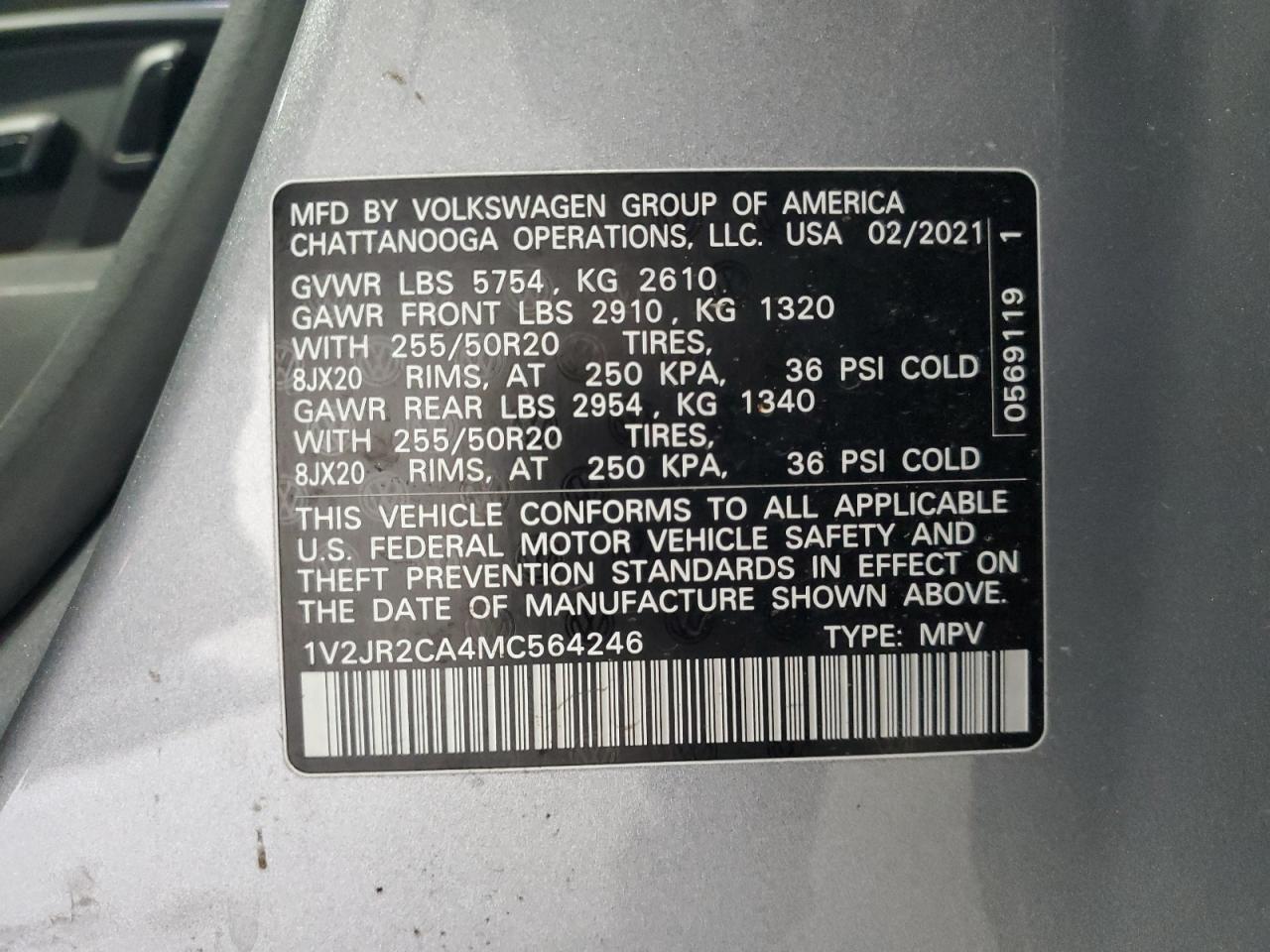 2021 Volkswagen Atlas Se VIN: 1V2JR2CA4MC564246 Lot: 92427695