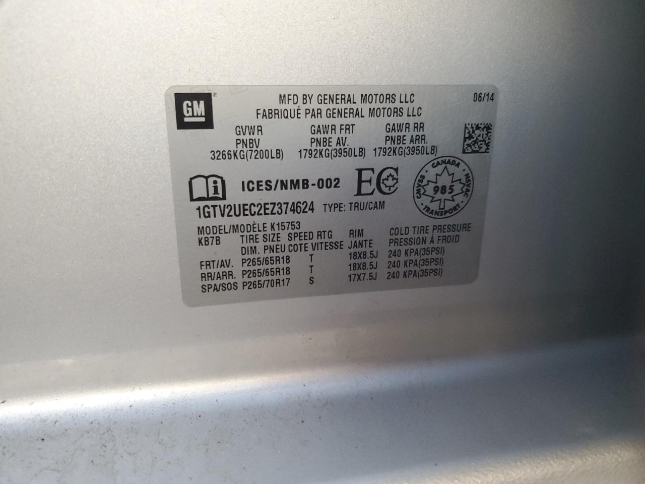 2014 GMC Sierra K1500 Sle VIN: 1GTV2UEC2EZ374624 Lot: 91346445