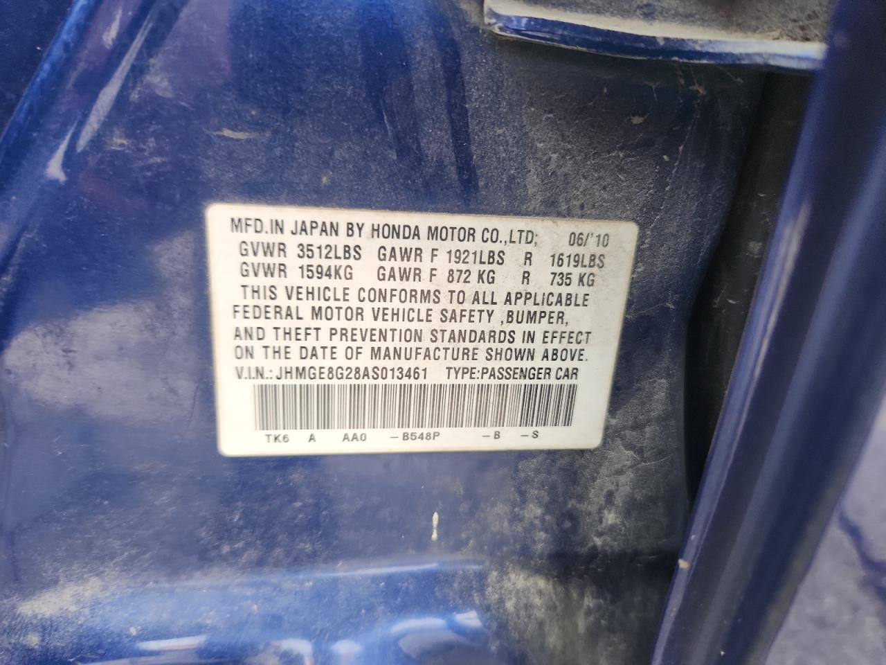 2010 Honda Fit VIN: JHMGE8G28AS013461 Lot: 93486835