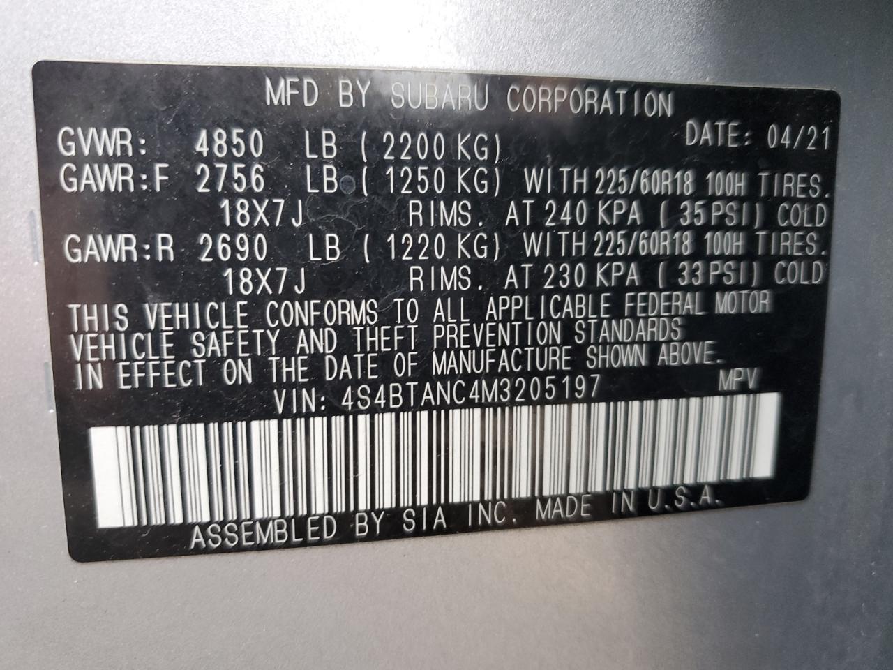 2021 Subaru Outback Limited VIN: 4S4BTANC4M3205197 Lot: 93716405