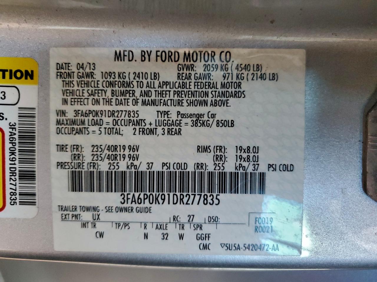 2013 Ford Fusion Titanium VIN: 3FA6P0K91DR277835 Lot: 85439875