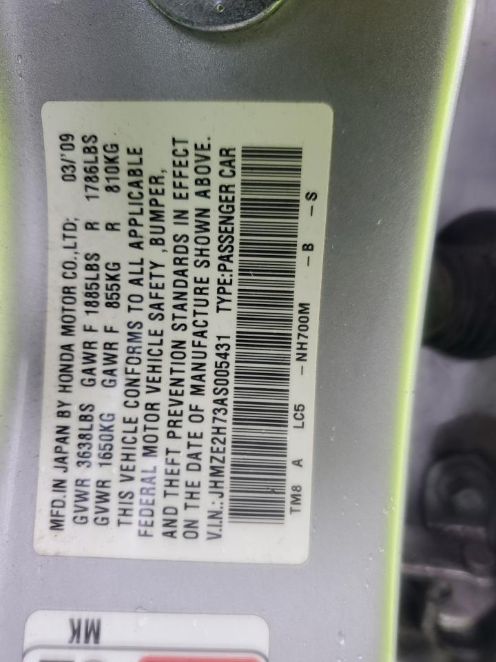 2010 Honda Insight Ex VIN: JHMZE2H73AS005431 Lot: 92595965