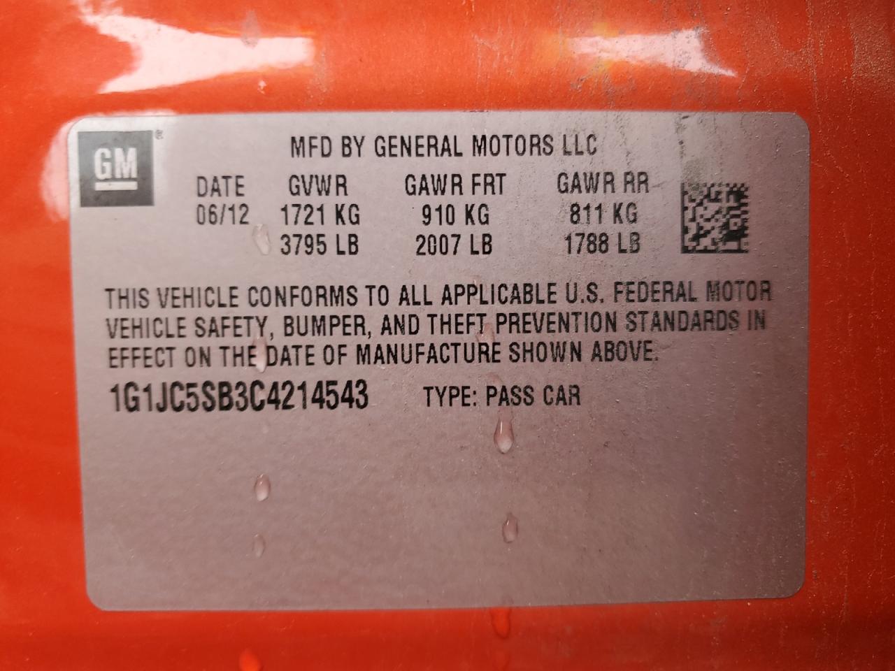 2012 Chevrolet Sonic Lt VIN: 1G1JC5SB3C4214543 Lot: 92376445