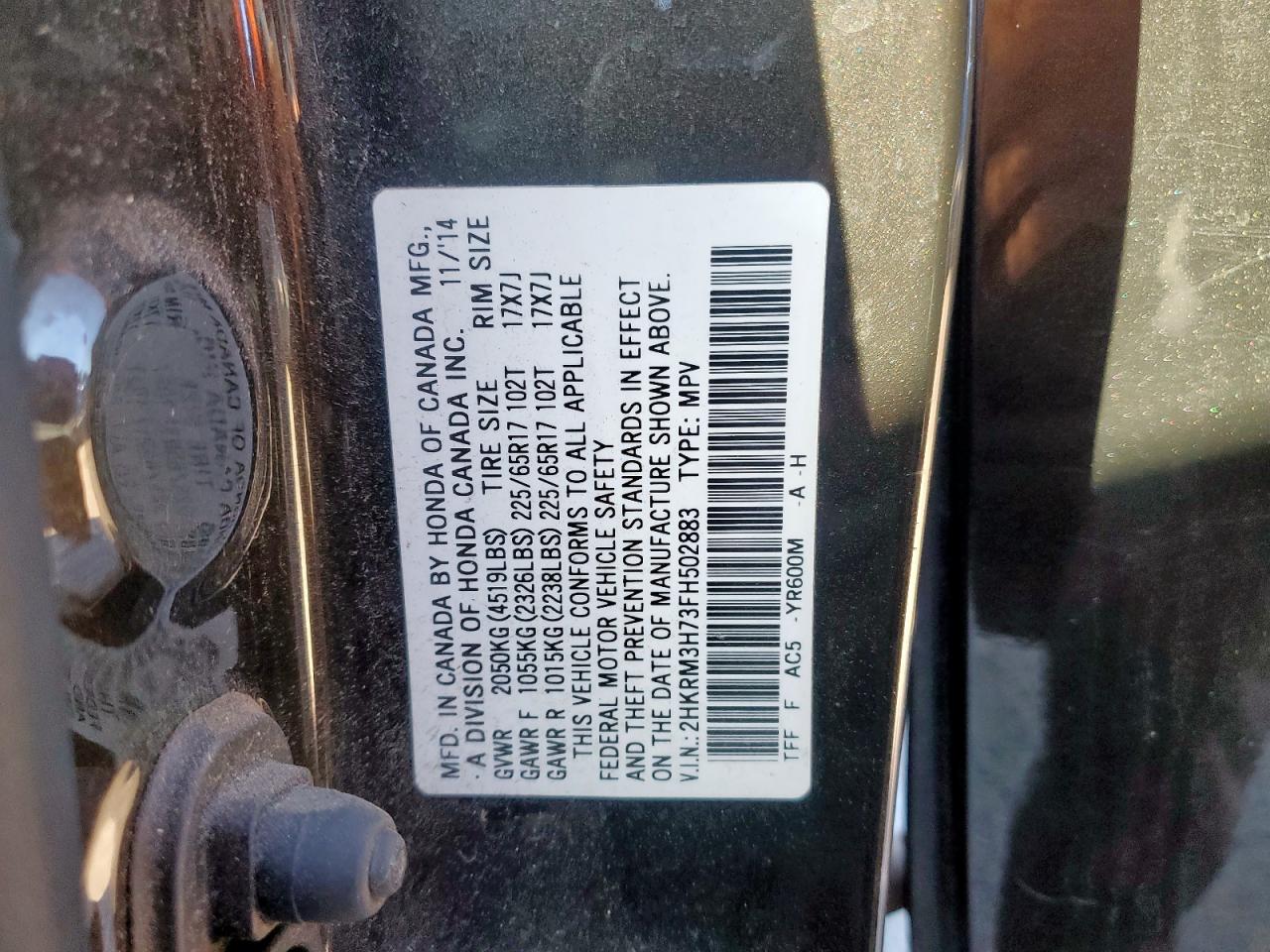 2015 Honda Cr-V Exl VIN: 2HKRM3H73FH502883 Lot: 92141615