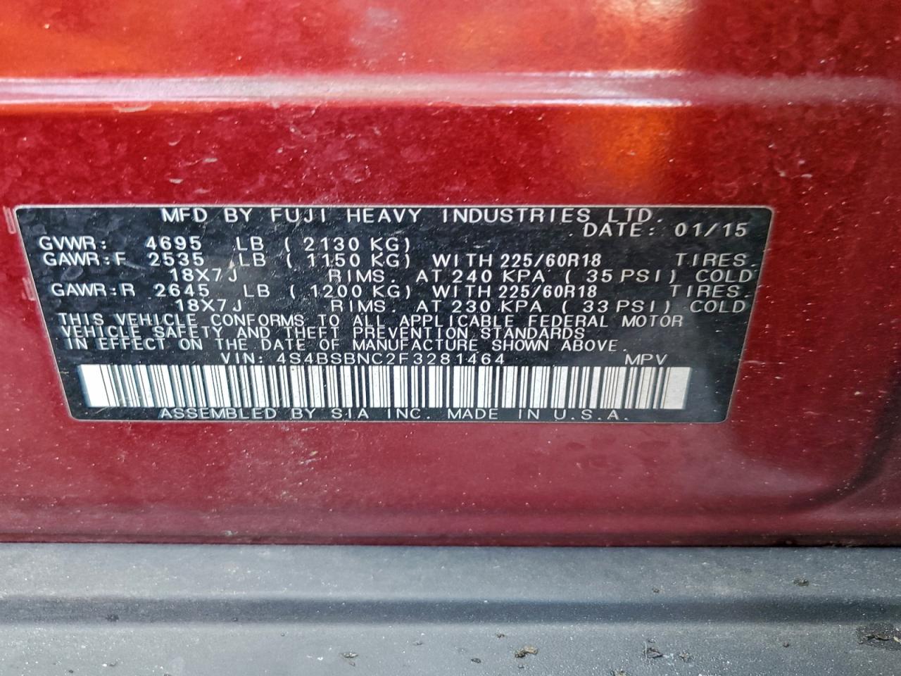 2015 Subaru Outback 2.5I Limited VIN: 4S4BSBNC2F3281464 Lot: 94322655