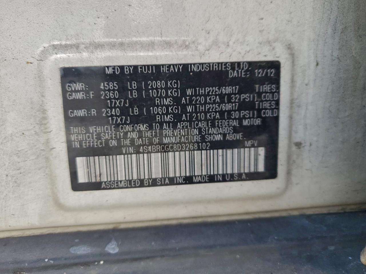 2013 Subaru Outback 2.5I Premium VIN: 4S4BRCGC8D3268102 Lot: 94525915