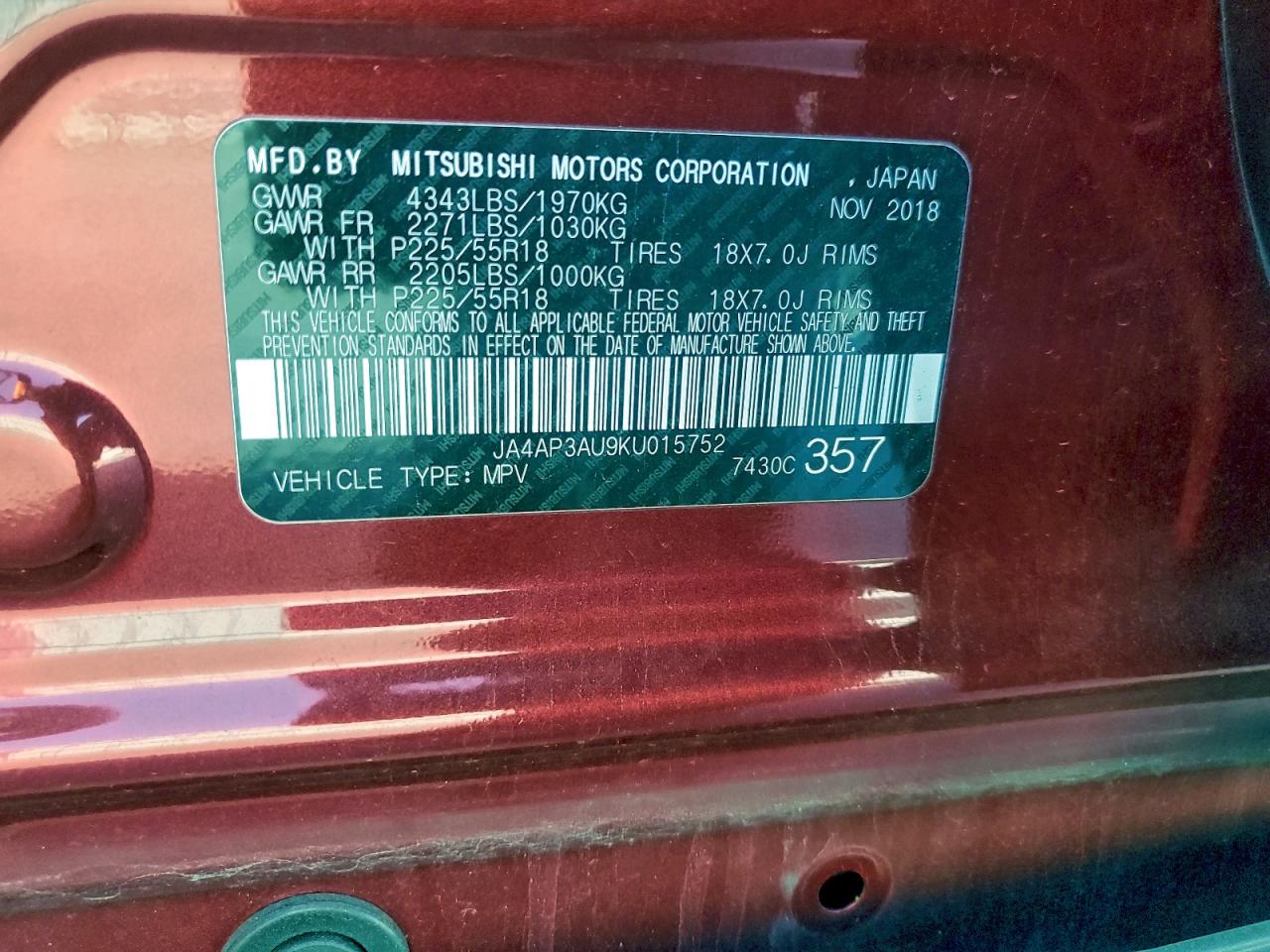 2019 Mitsubishi Outlander Sport Es VIN: JA4AP3AU9KU015752 Lot: 93603135